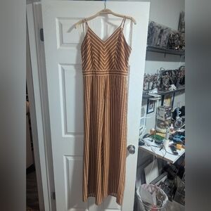 Papaya Tan and White Striped Wide Leg Jumpsuit